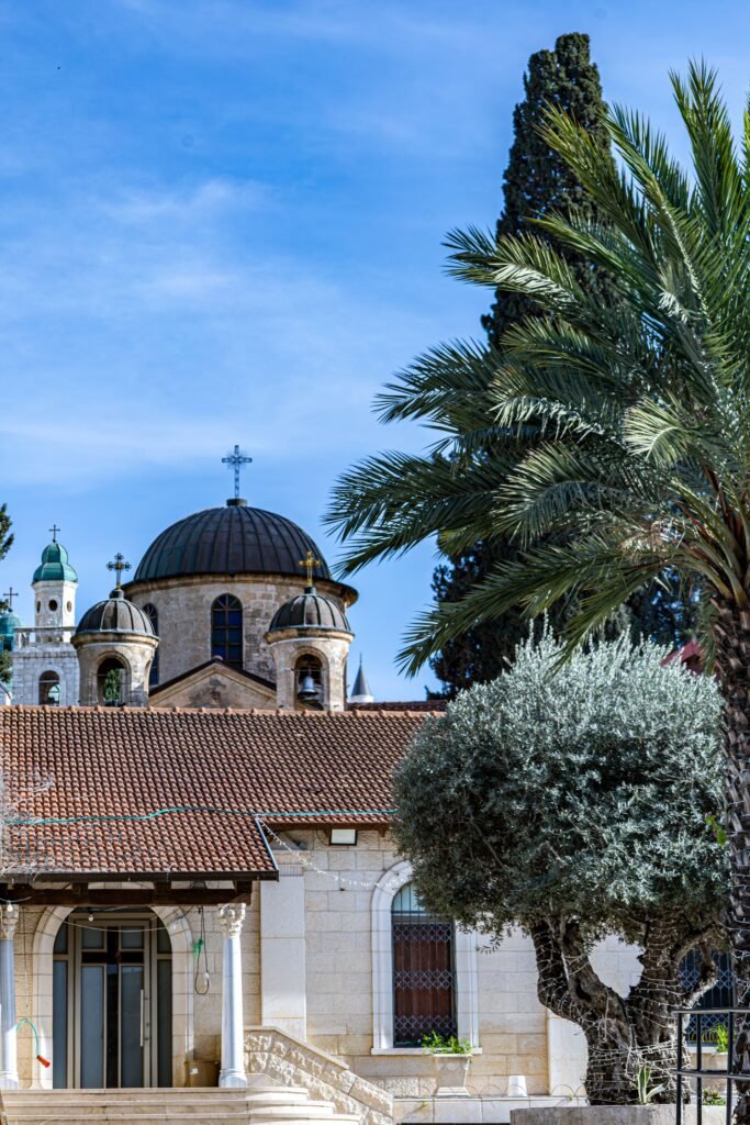 pexels-photo-37400290-37400290 A historic church with domed roof amidst palm trees under clear blue skies, showcasing Mediterranean architecture.